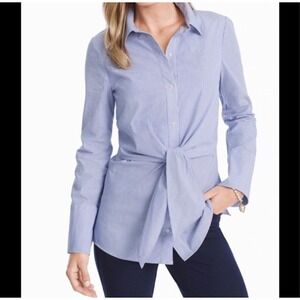 White House Black Market Blue Pinstriped Button Front Blouse Tie Front Shirt 4